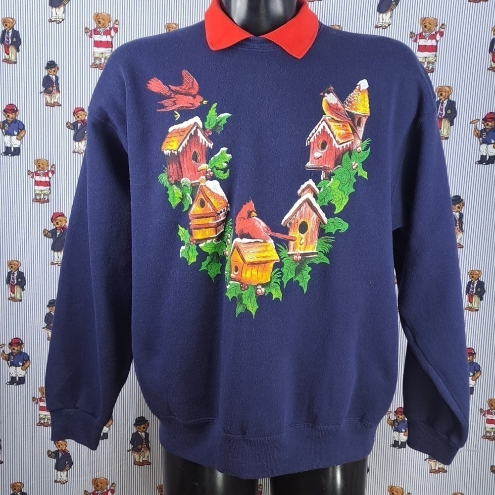 Vintage Women's Cardinals & Birdhouse double collar blue & red XL sweatshirt - Picture 2 of 5